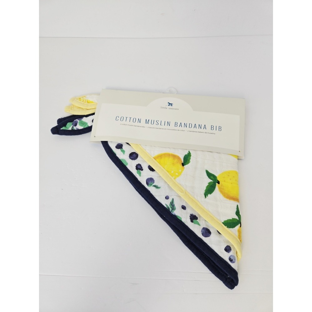 Little Unicorn Cotton Muslin Bandana Bib Lemon‎ Blueberry yellow blue NEW 2 pack
